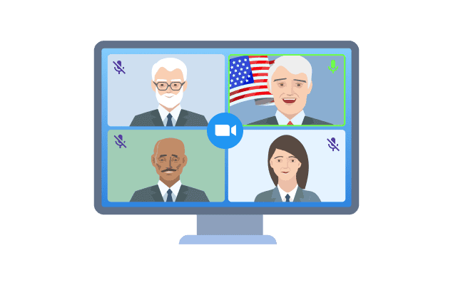 Online video call with four people; three have muted mics, one man with a U.S. flag is speaking.