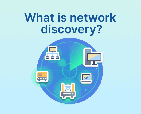 Radar-style graphic with networked devices and the title 'What is network discovery?' above it.