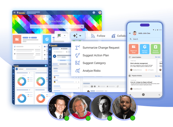 Alloy platform interface showing dashboards, AI-powered suggestions, and mobile access, with team photos encouraging users to get started.