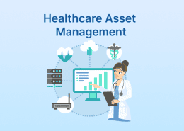 Illustration of a doctor managing healthcare assets using data on a screen, with medical and tech icons surrounding her.