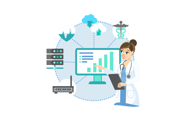 Doctor pointing at a data screen surrounded by icons for servers, routers, and healthcare tools, representing asset management.