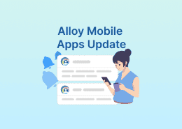 Illustration of a woman checking notifications on her phone while holding a cup, with alert icons and message cards in the background.