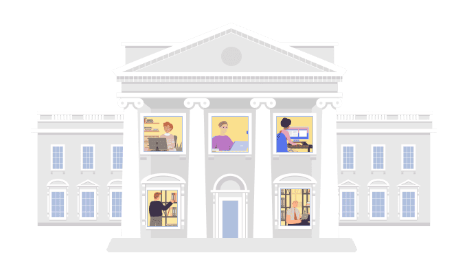 Illustration of a government building with people working in various rooms on computers, tablets, and phones.