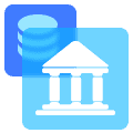 Icon of a classical bank building in front of a database, representing public sector or institutional data.