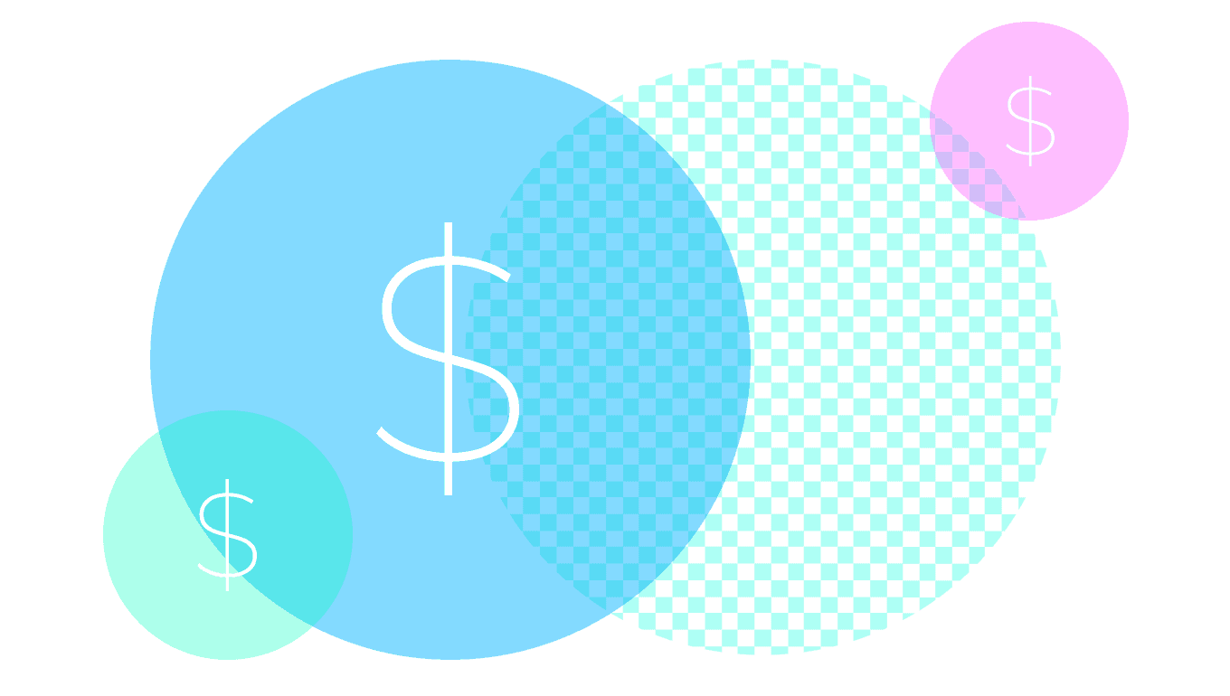 Overlapping colorful dollar sign circles representing flexible pricing.