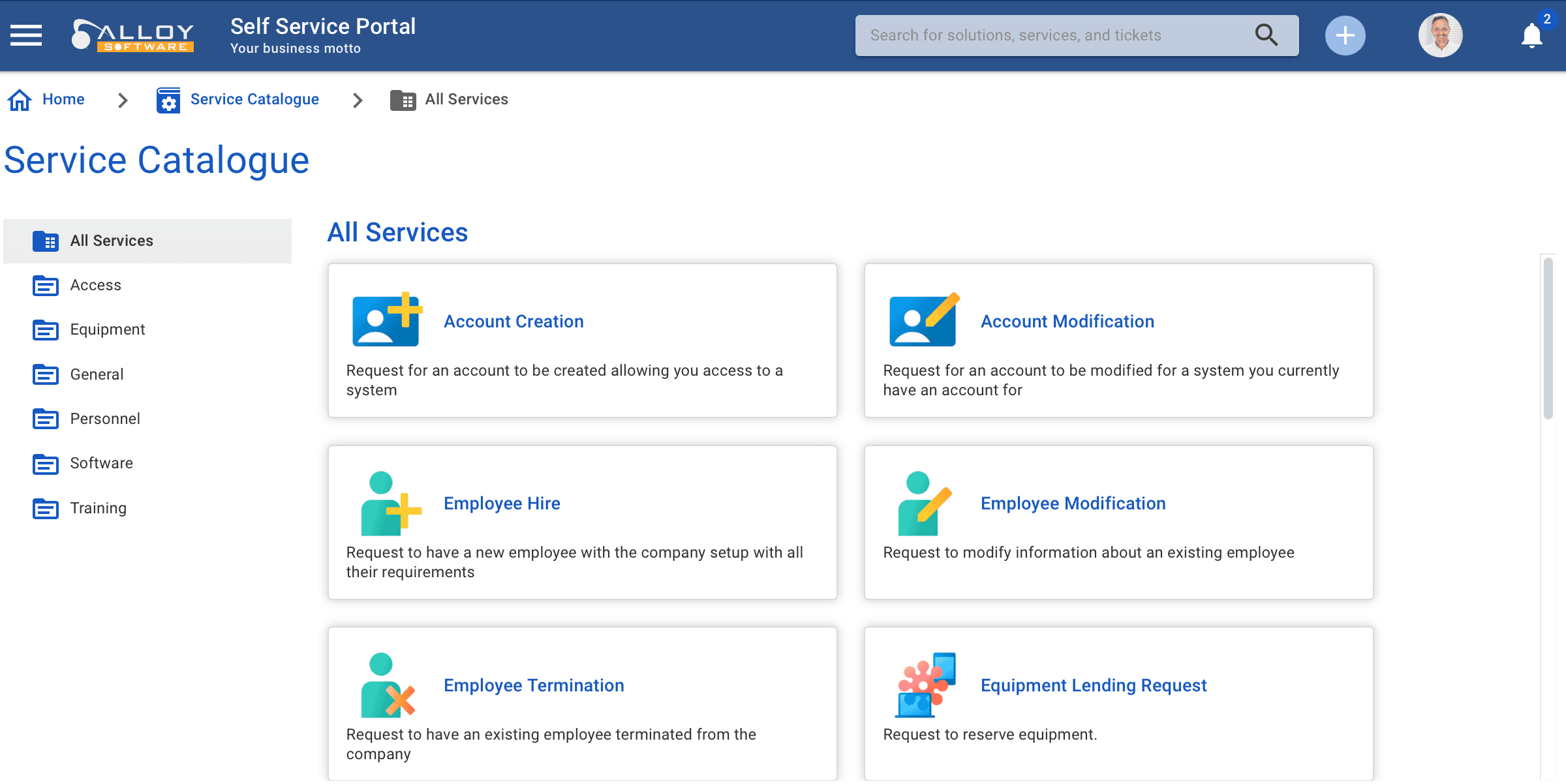 Self-service portal showing service catalogue options like account creation, employee hire, termination, and equipment lending.