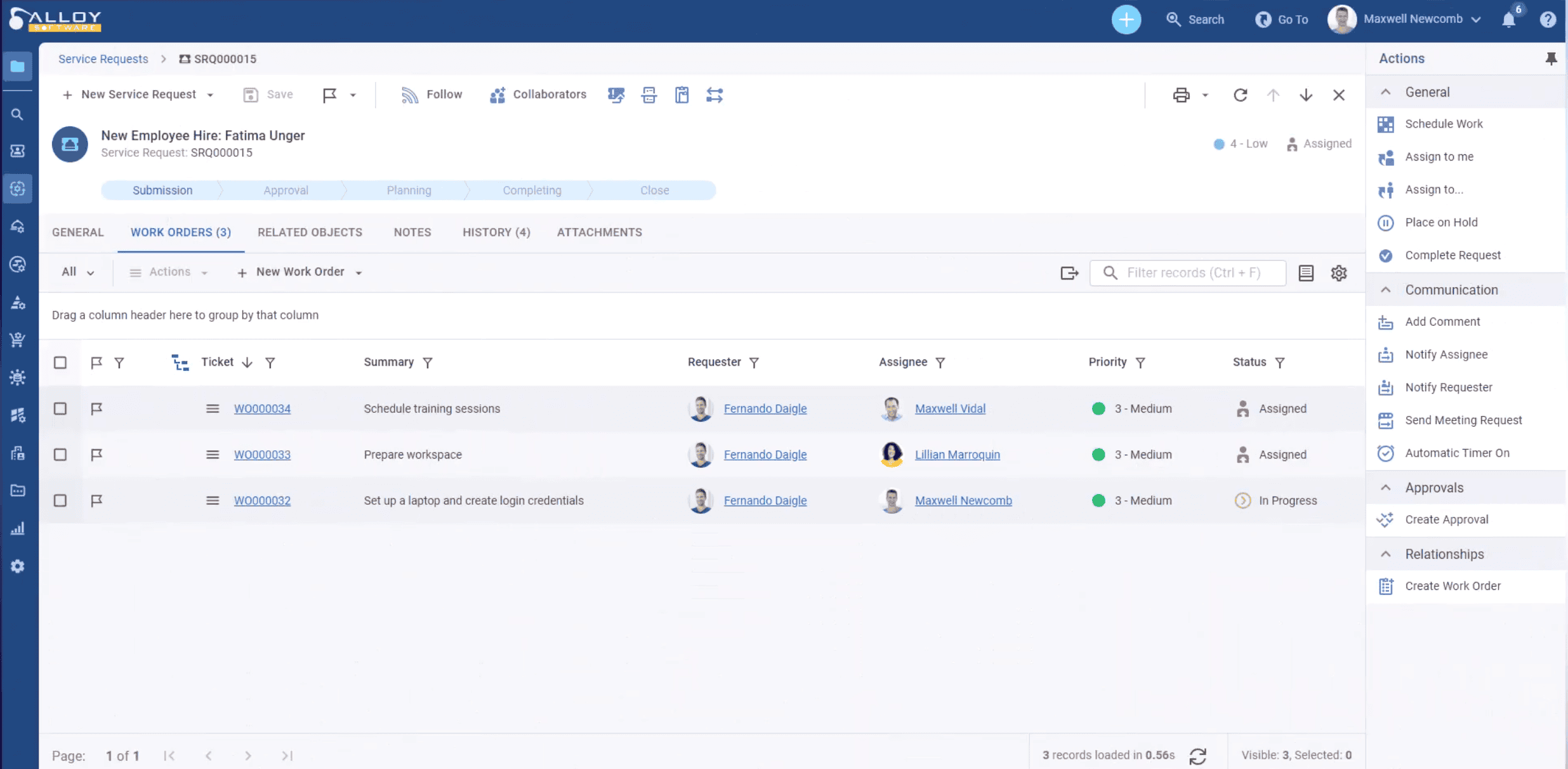Work orders for new hire Fatima Unger showing assigned tasks with status, assignees, and priorities in Alloy Service Request view.