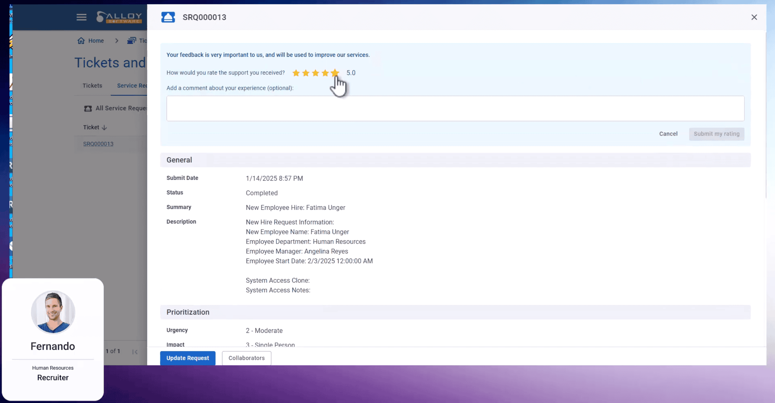 Fernando rates completed hire request for Fatima Unger 5 stars, showing hire details and manager info in Alloy Software portal.