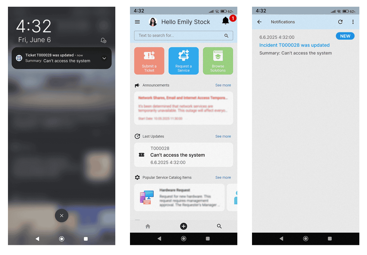 Notification for updated ticket T000028: “Can’t access the system,” shown in lock screen, service portal, and notifications tab.