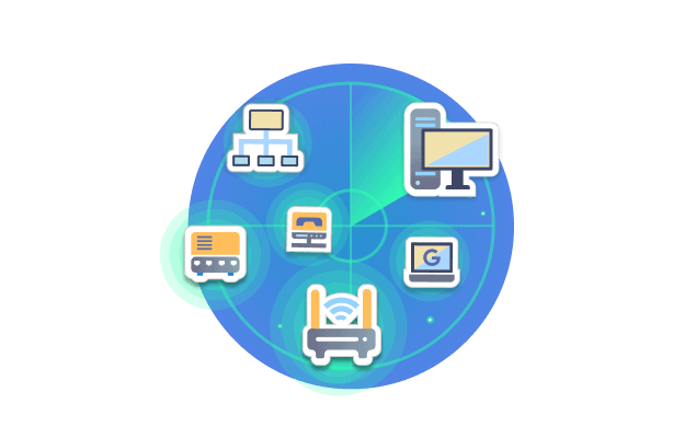 Illustration of a radar scanning various IT devices, including a router, server, PC, and switch.