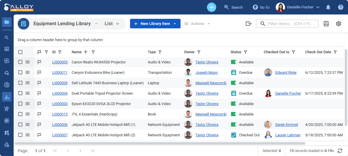 Equipment lending management software interface with sortable tables, user profiles, and real-time status updates for loaned devices and equipment.