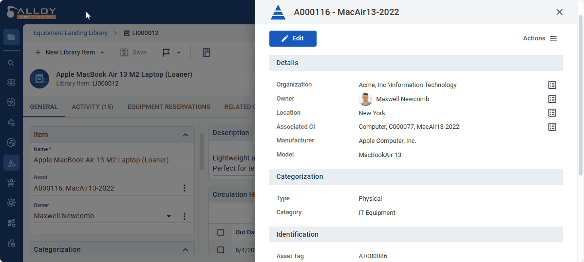 Apple MacBook Air 13 M2 laptop asset management interface on Alloy Software platform.