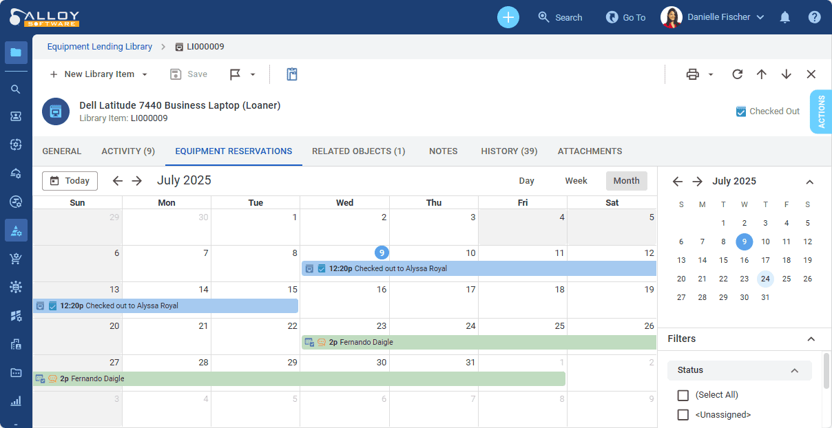 Reservation calendar in Alloy Software showing a Dell laptop checked out to Alyssa Royal and Fernando Daigle in July 2025.