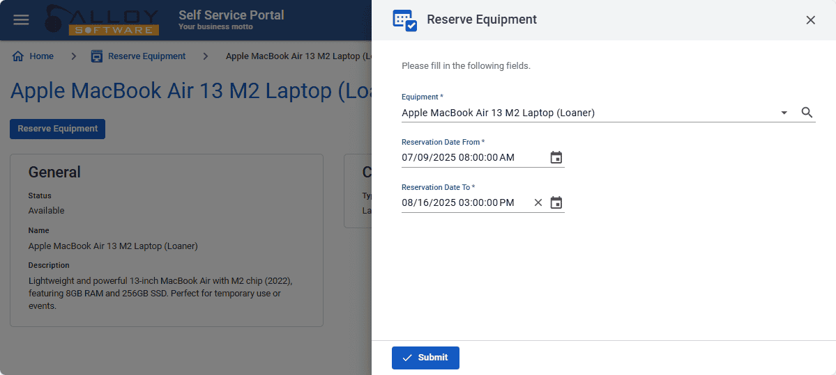 High-quality alloy software inventory management system screenshot showcasing equipment reservation features.