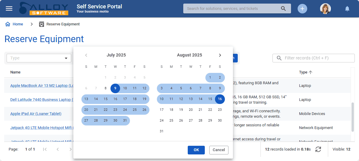 Reserve equipment management software screenshot.