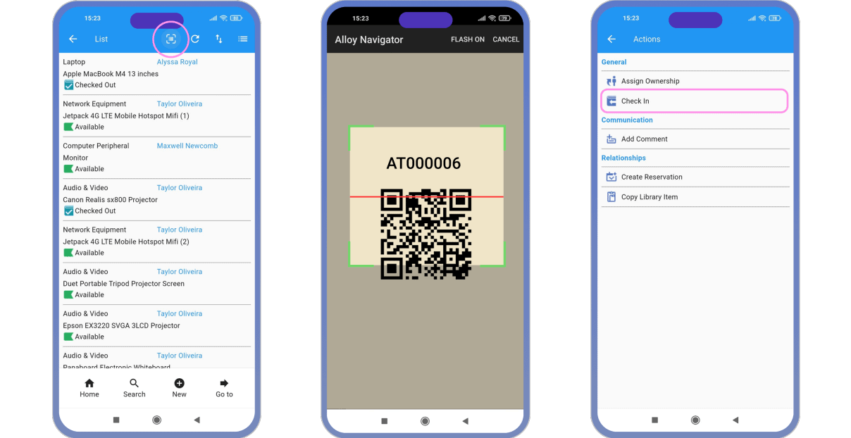Barcode scanning and asset management mobile app interface by Alloy Software.