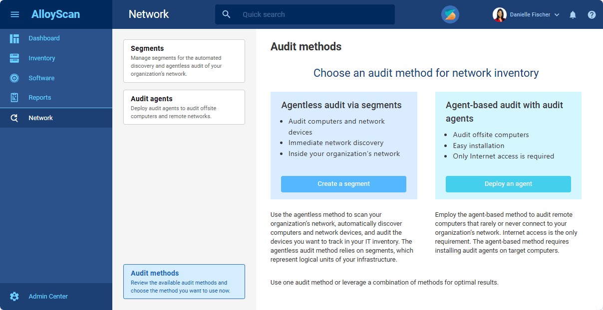 Audit methods in network inventory management for automated discovery and remote audit of computers using agentless or agent-based methods.