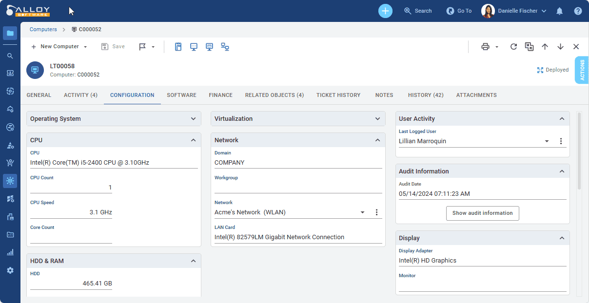 Powerful IT asset management software interface showing detailed hardware and network configuration for efficient enterprise resource planning.