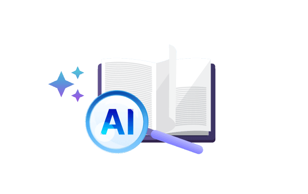 Open book with sparkles and a magnifying glass labeled “AI,” symbolizing artificial intelligence detection in education.