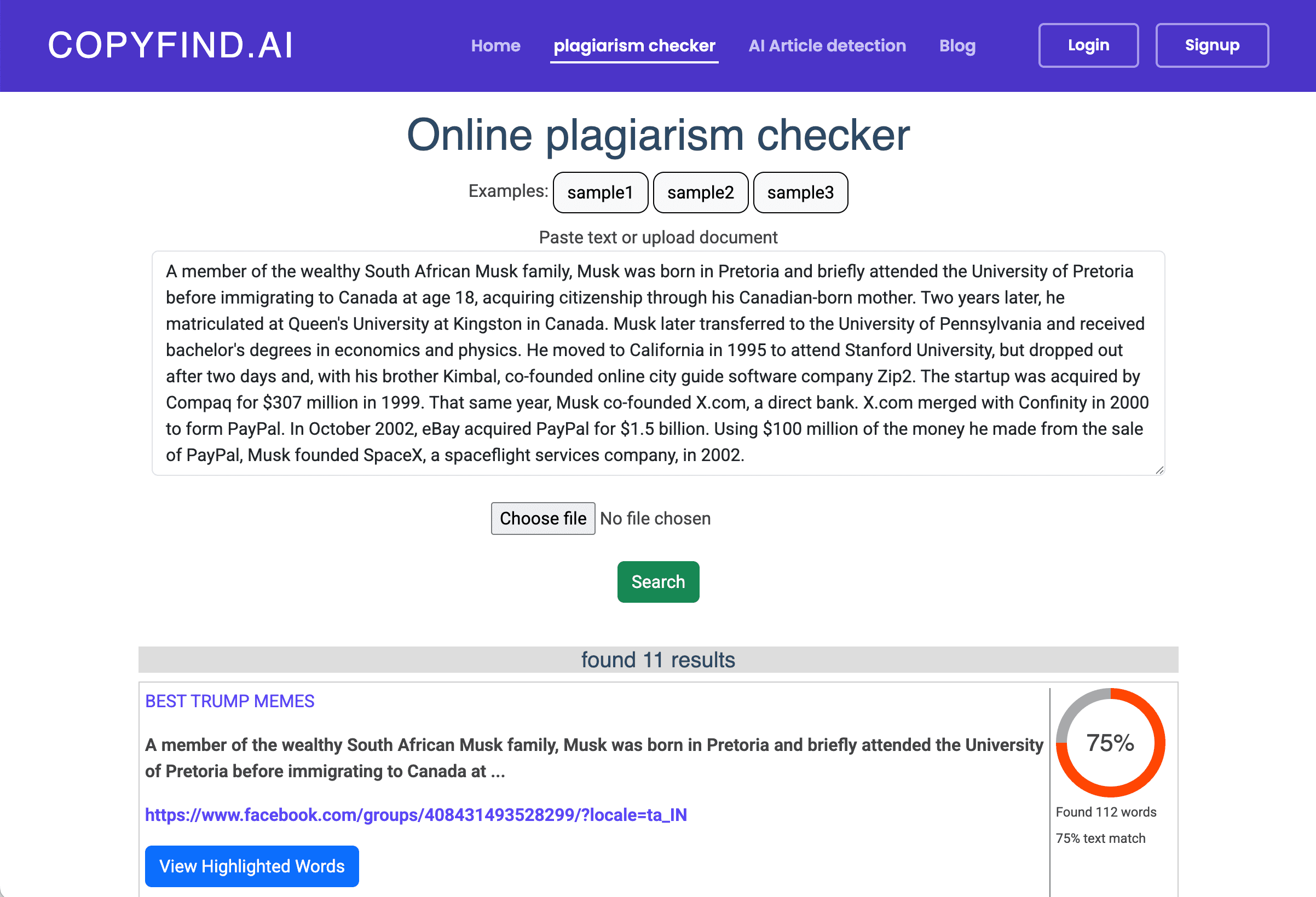 COPYFIND.AI plagiarism checker interface with pasted text, showing 75% match to a Facebook post.