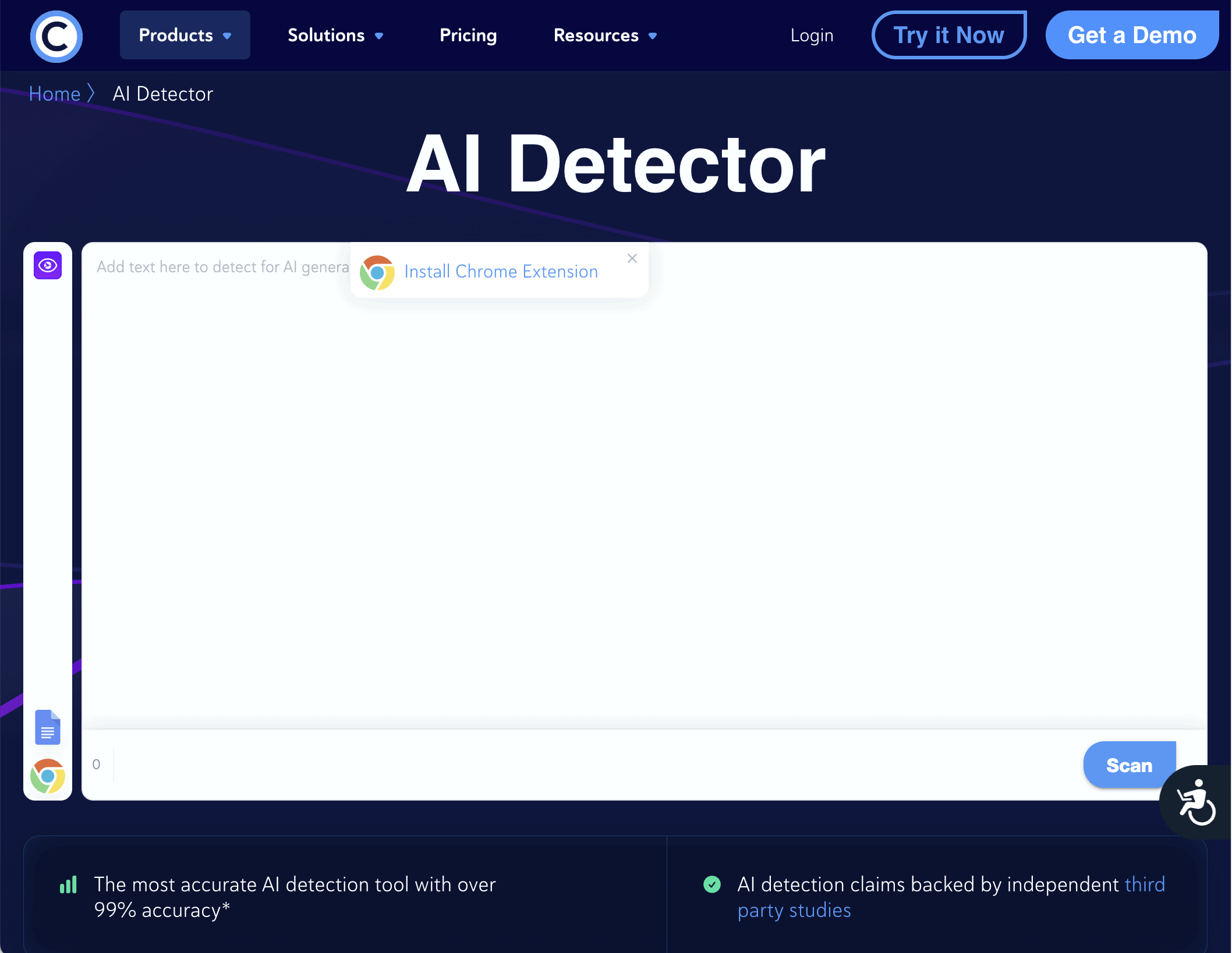 AI Detector tool with dark UI, input field, and claim of 99% detection accuracy backed by third-party studies.