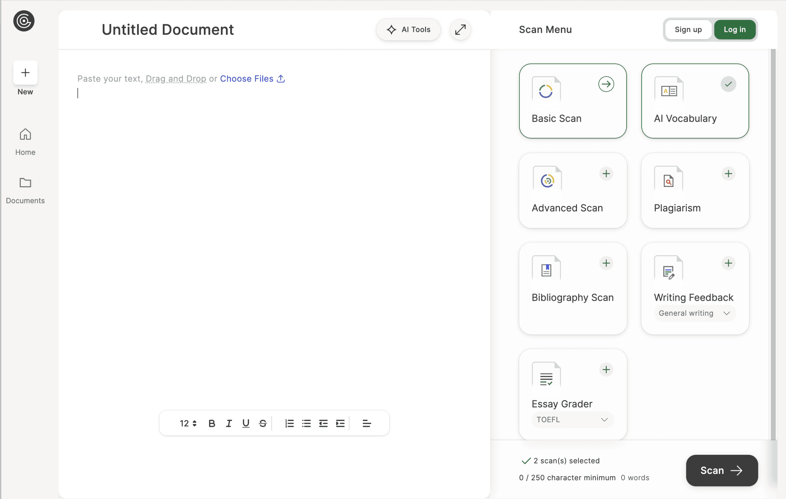 GptZero scan interface with text input area and scan menu showing options like AI Vocabulary, Plagiarism, Writing Feedback, and Essay Grader.