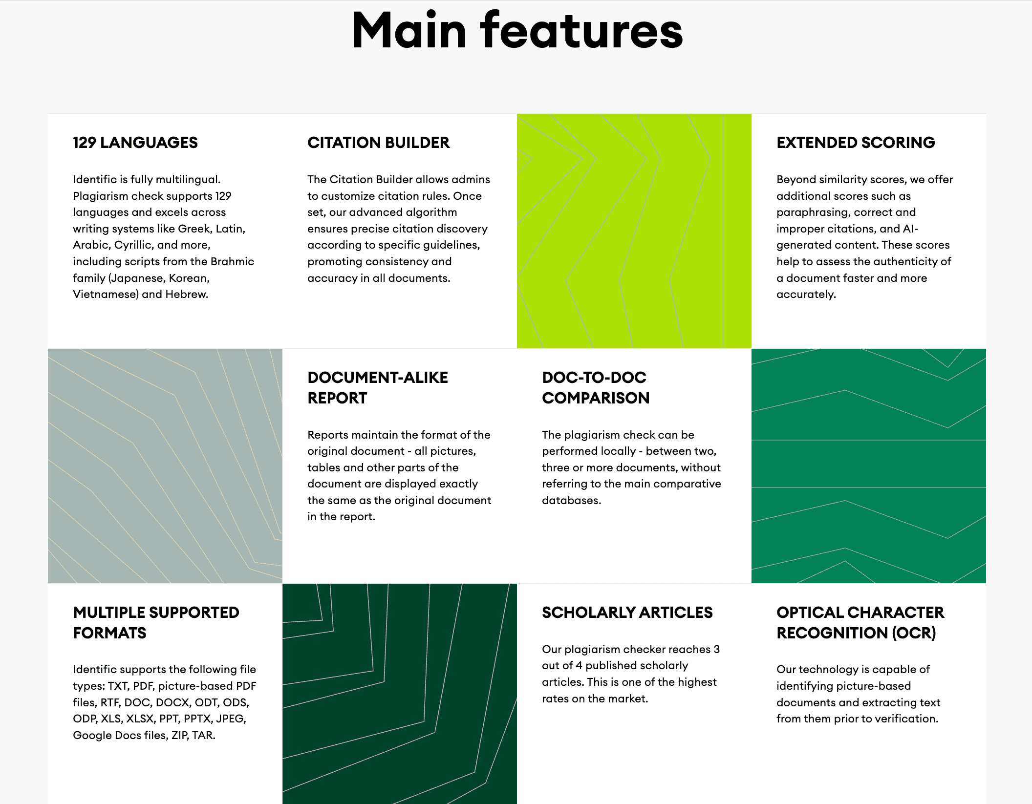 Grid of features from Identific, listing language support, citation tools, scoring, and document comparison.
