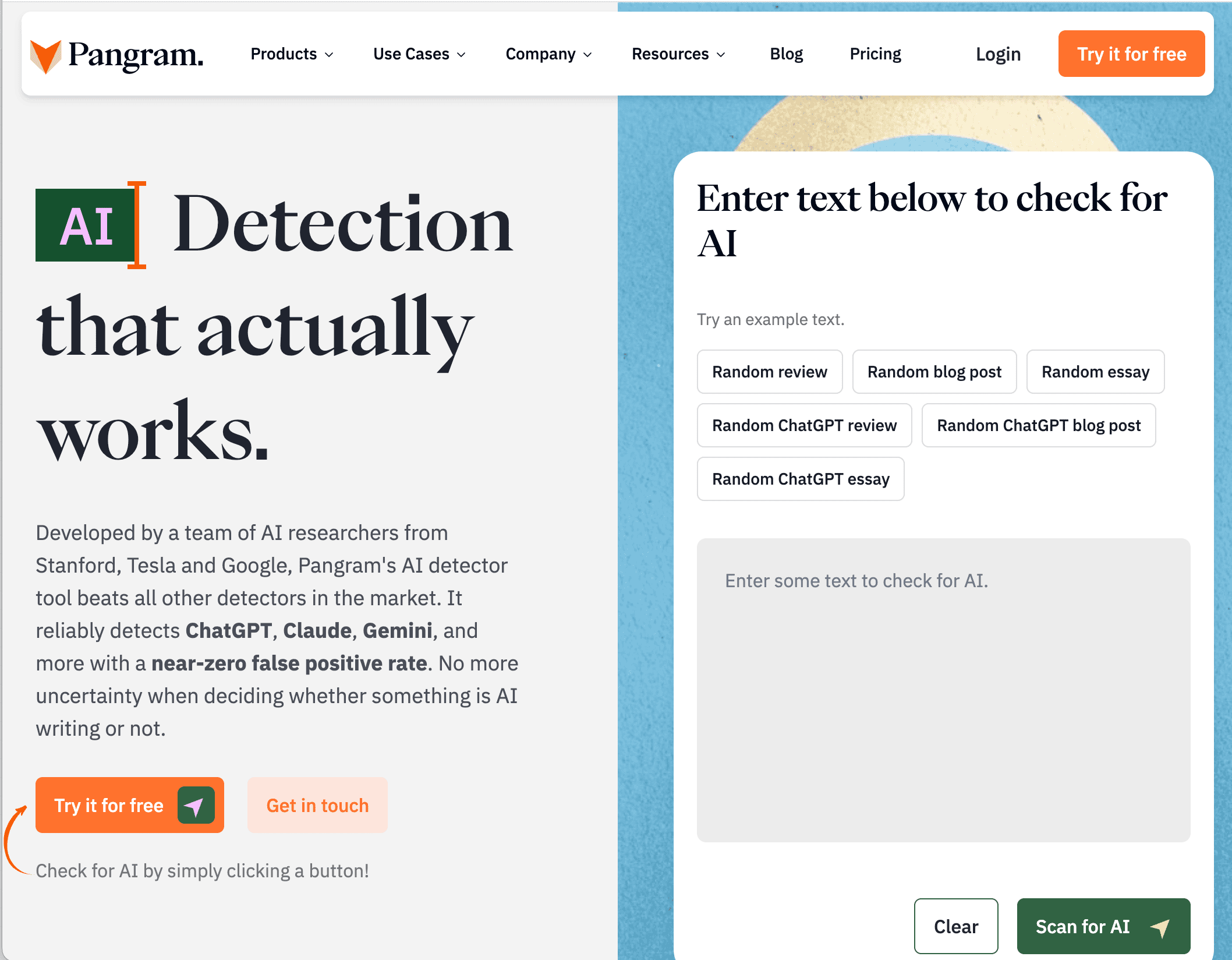 Pangram AI detection site showing text box for checking content and claims of near-zero false positives.
