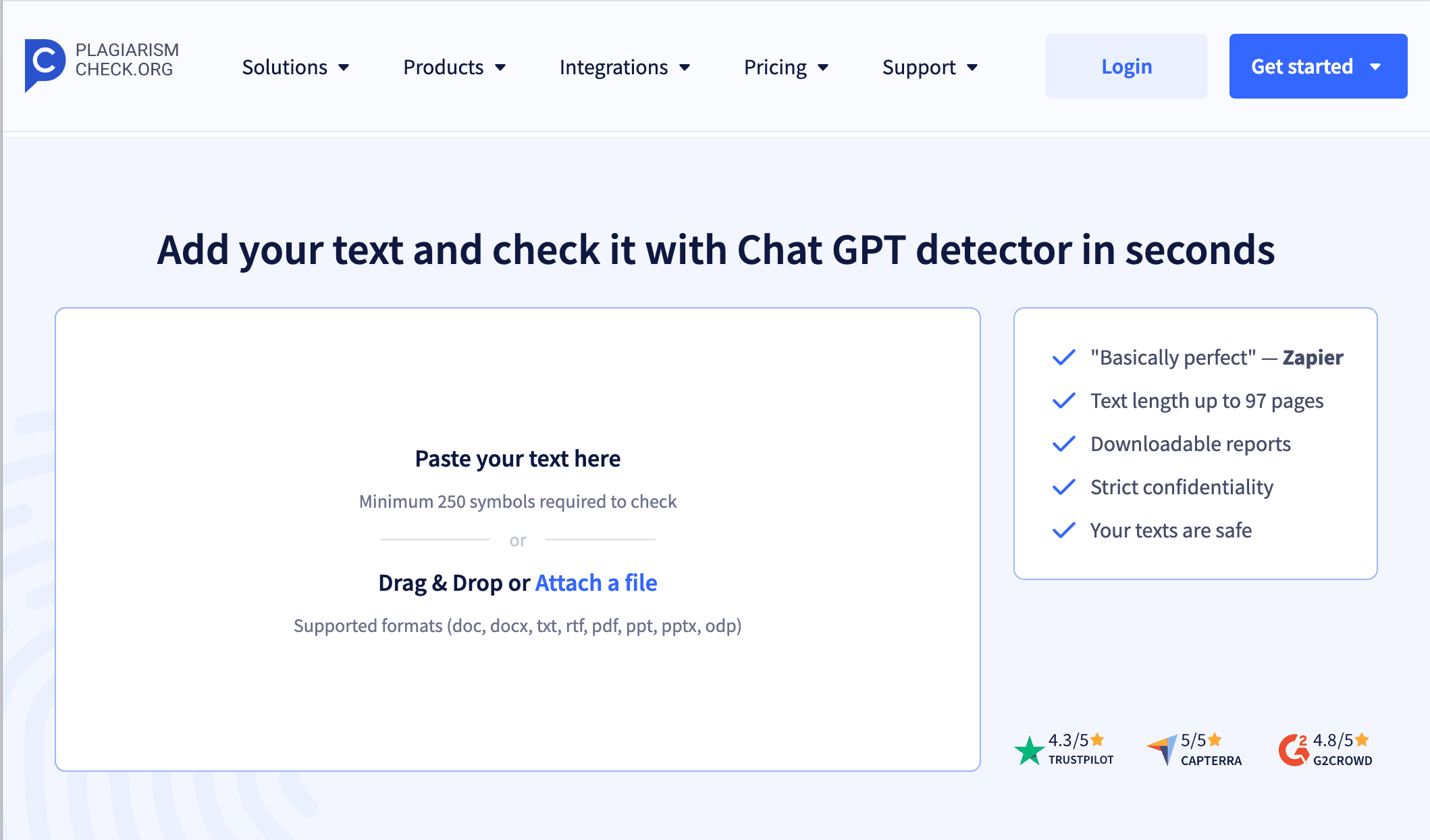 PlagiarismCheck.org tool for AI and ChatGPT detection with file upload and drag & drop options.