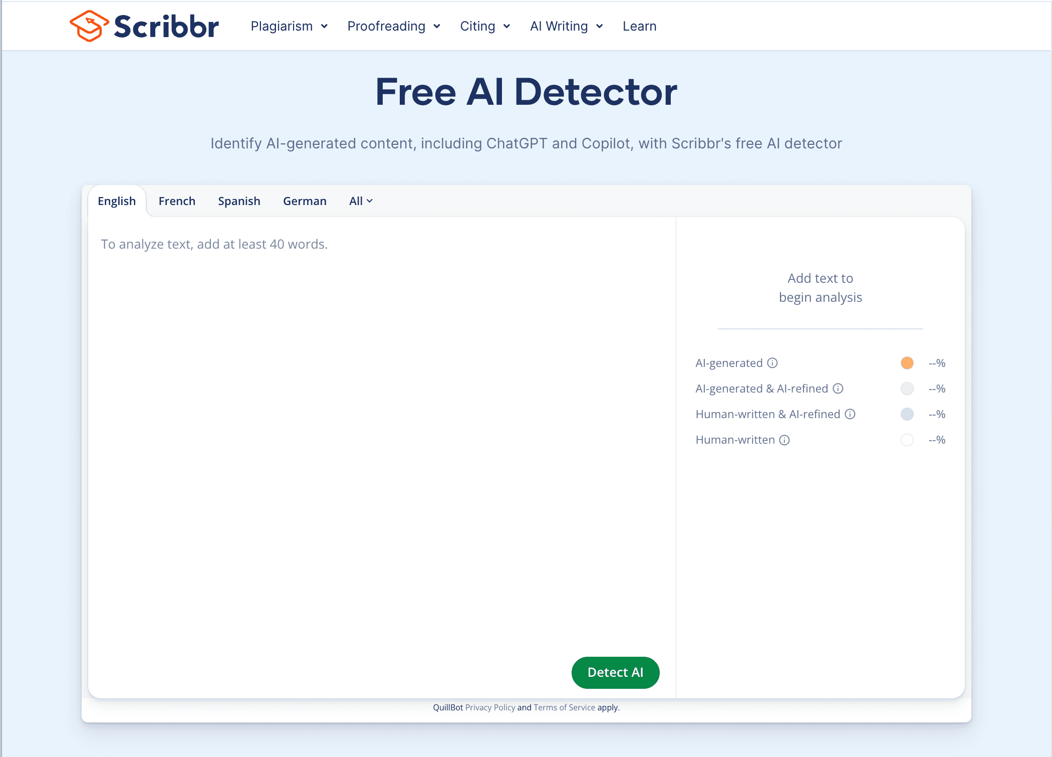 Scribbr free AI detector with a multi-language interface and content classification legend on the right.