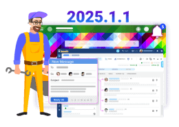 "Cartoon maintenance technician holding a wrench stands next to Alloy Navigator 2025.1.1 software interface showing enhanced email messaging system with new message dialog and improved user communication features.