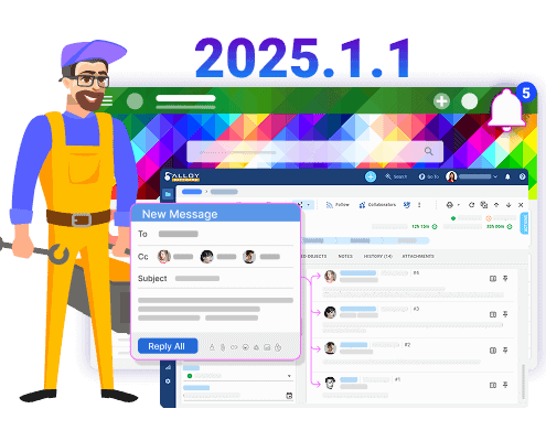 "Cartoon maintenance technician holding a wrench stands next to Alloy Navigator 2025.1.1 software interface showing enhanced email messaging system with new message dialog and improved user communication features.