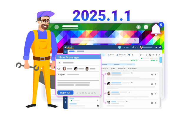 "Cartoon maintenance technician holding a wrench stands next to Alloy Navigator 2025.1.1 software interface showing enhanced email messaging system with new message dialog and improved user communication features.