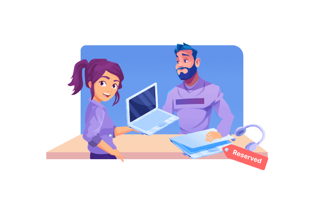 A woman gives a laptop to a man behind a desk with a 'Reserved' headset and a file folder.