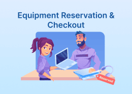 A woman hands a laptop to a man at a desk labeled 'Equipment Reservation & Checkout'; headset marked 'Reserved' on desk.