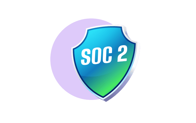 SOC 2 shield logo with gradient colors on a transparent background and purple circle.