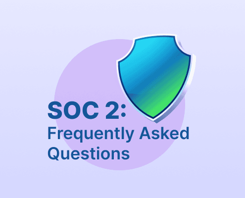SOC 2: Frequently Asked Questions text with a blue shield icon on a purple circle background.
