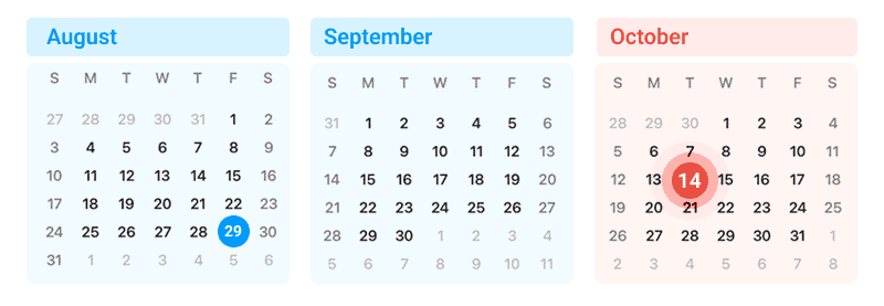 August, September, October 2025 calendar with October 14 highlighted in red.
