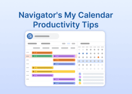 Illustration of a colorful digital calendar with events and a productivity tips title.