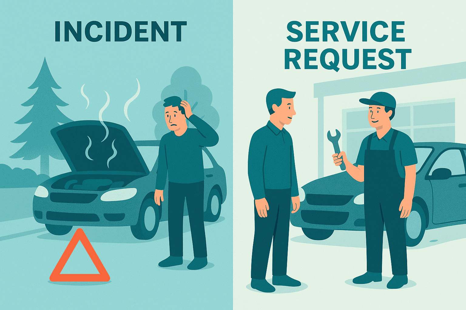 Illustration comparing incident with a broken-down car and service request with a mechanic helping a customer.