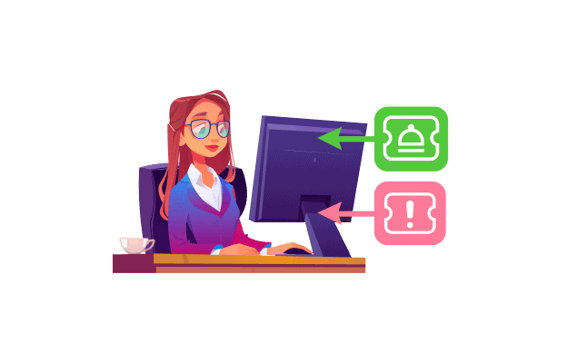 Woman at a desk with icons for incident and service request pointing to her computer screen.