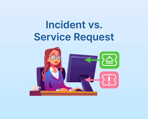 llustration of a woman at a computer with icons showing the difference between incident and service request.