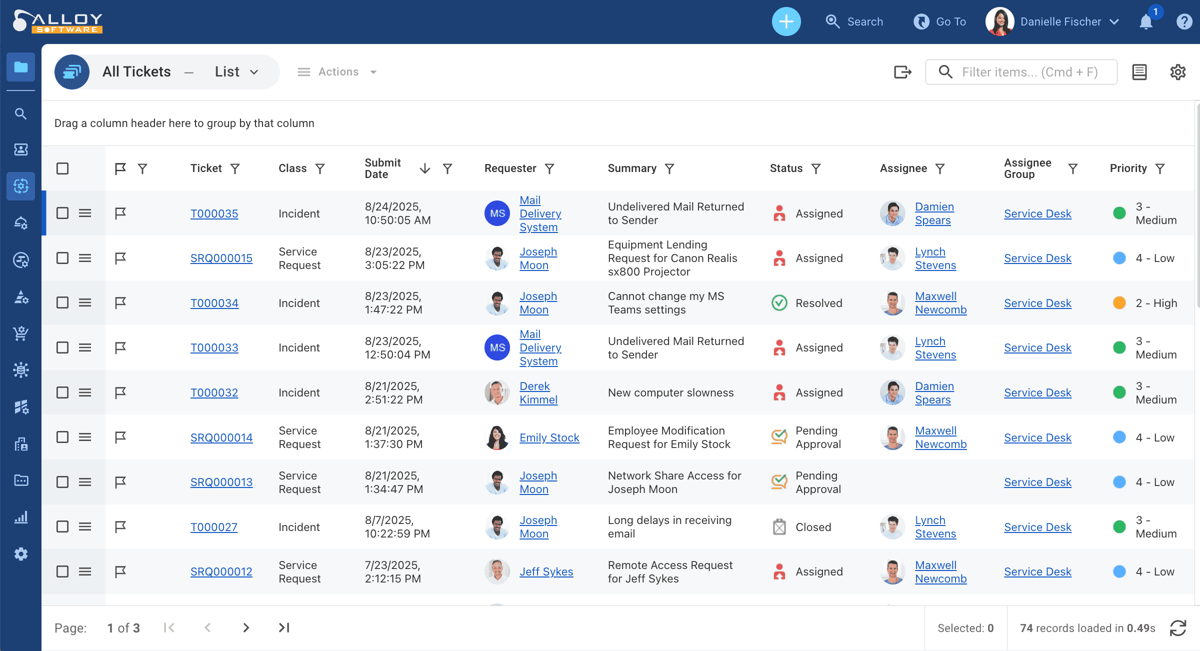 Alloy Navigator dashboard showing incidents and service requests with details on status, assignee, and priority.