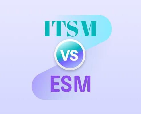 Graphic showing ITSM vs ESM with gradient background and circular VS symbol in the center.