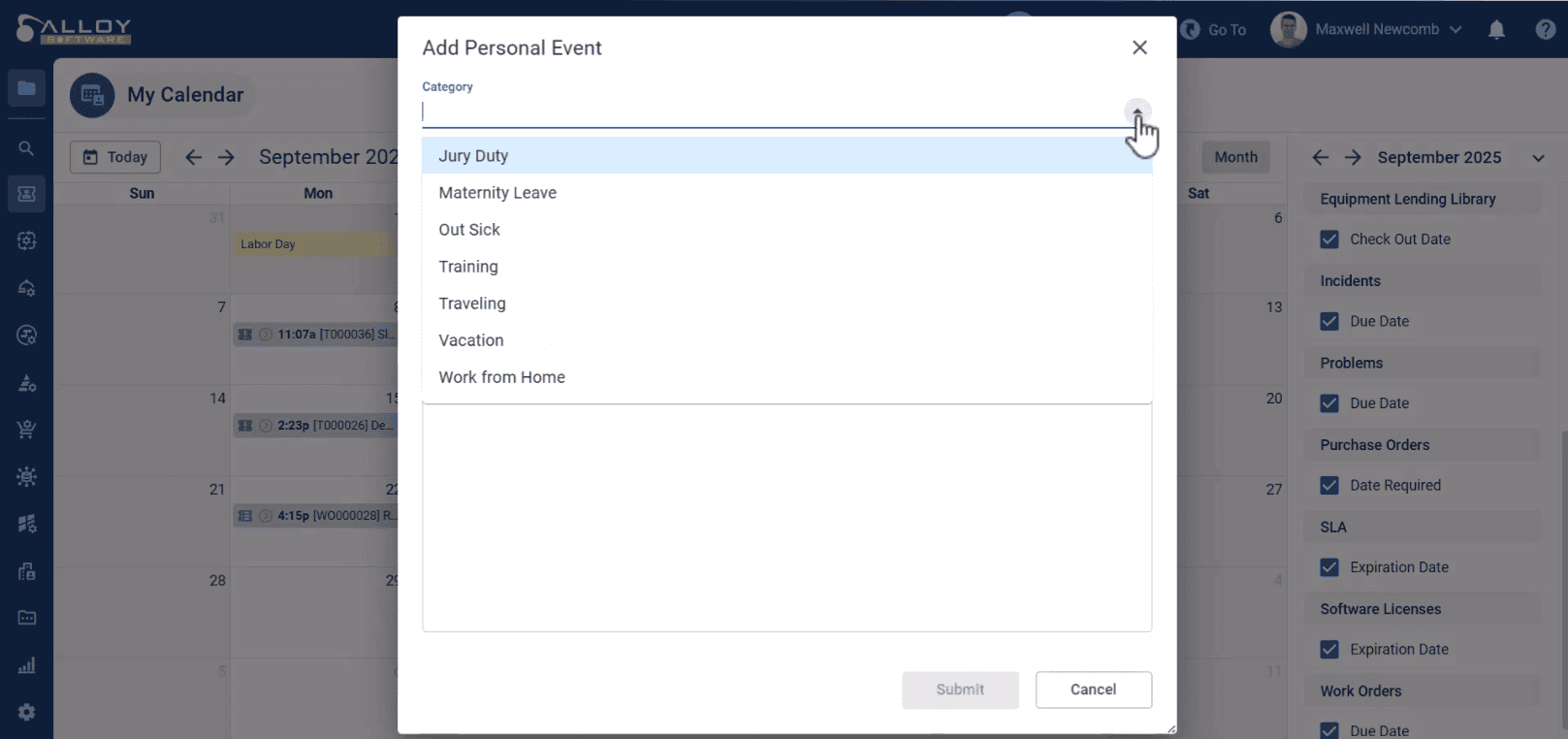 Calendar app showing 'Add Personal Event' window with category options like Jury Duty, Vacation, and Work from Home.
