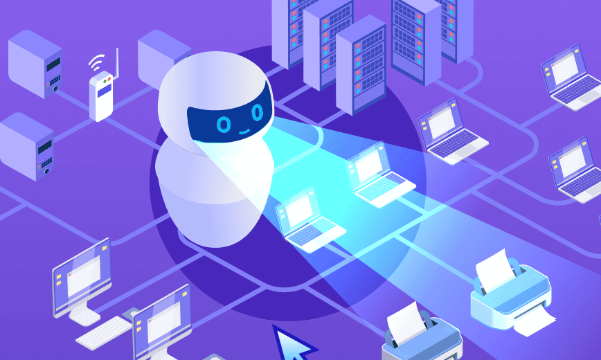 AI robot monitoring network servers and devices, illustrating automation and IT management with Alloy Software solutions for enterprise resource planning and asset tracking.