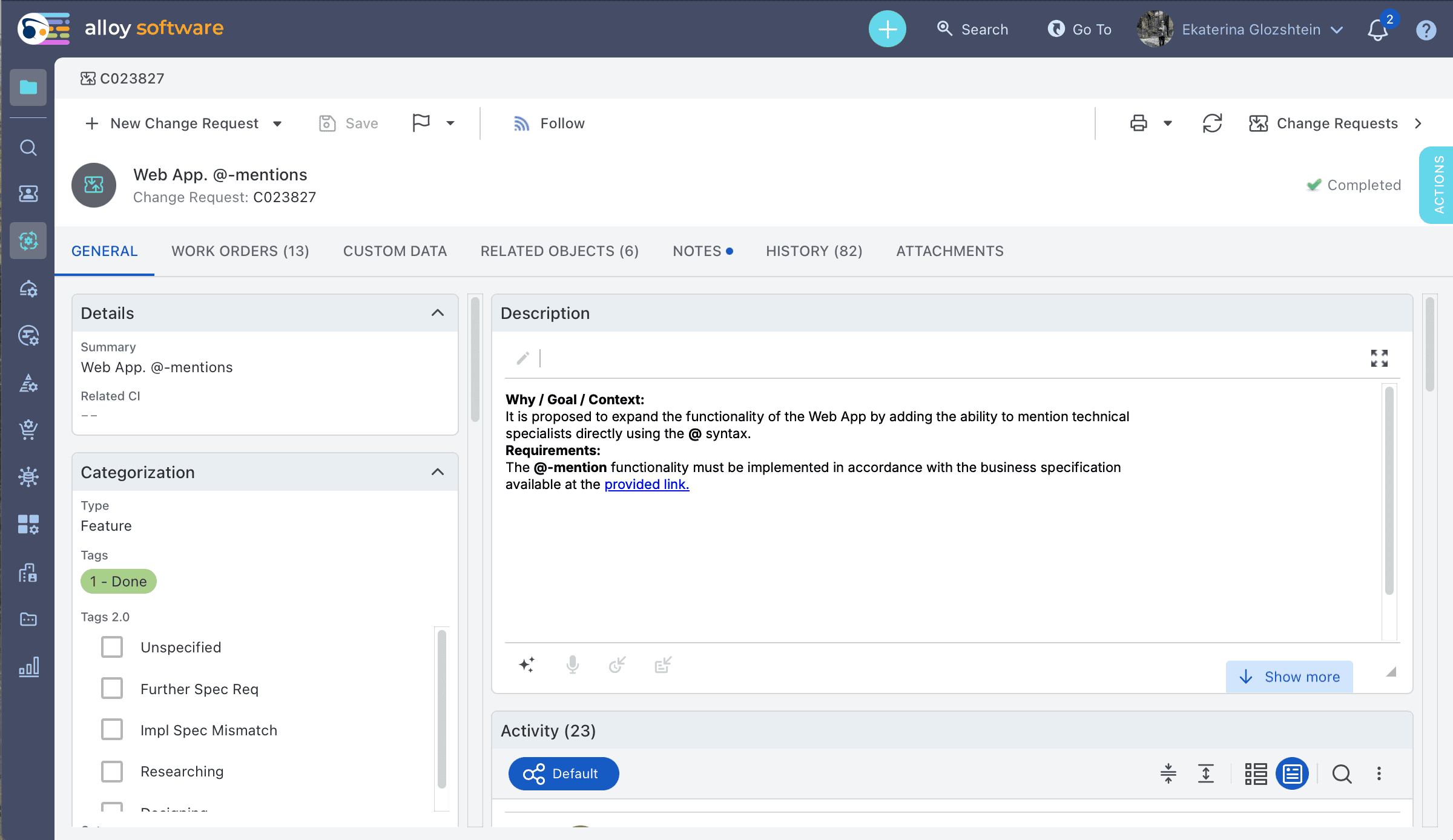 ChatGPT said: Web app change request in Alloy Software to add @-mentions feature, marked completed with details, requirements, and activity log.