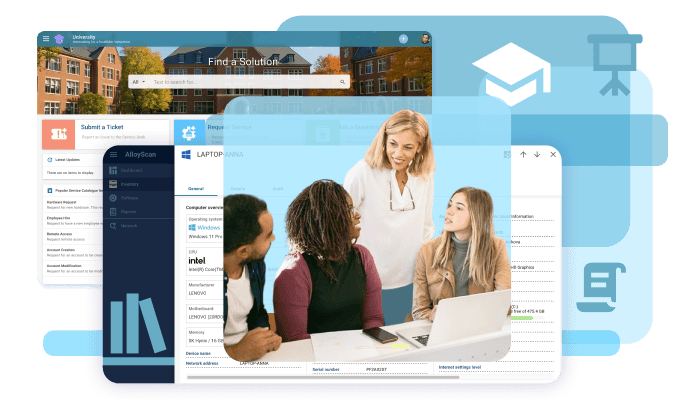 Collage of a help desk portal, device management screen, and diverse students collaborating with a teacher.