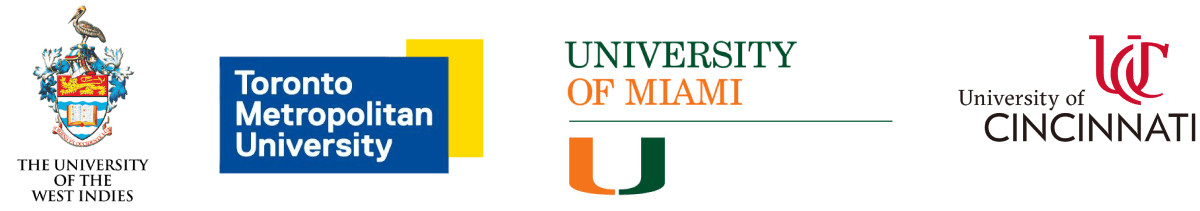 Logos of University of the West Indies, Toronto Metropolitan University, University of Miami, and University of Cincinnati.
