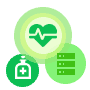 A heart monitor symbol with a medical bottle and database, representing health and IT services.